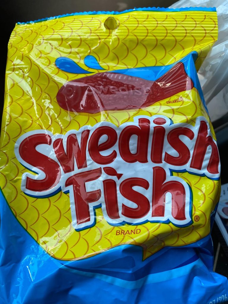 Bag of Swedish Fish candy on the drive home from a horse show